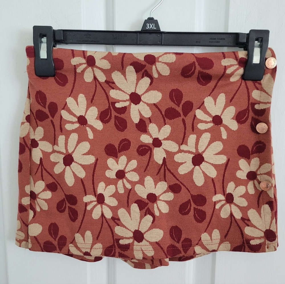 Tahari Kids Girls Floral Skort Size 12 Red Beige Daisy Print Pull On Side Button